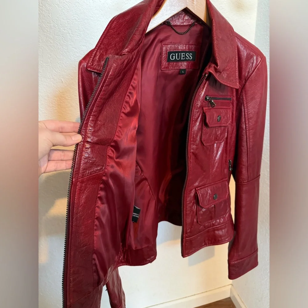 Women's Vintage Guess Los Angeles Maroon Red Leather Jacket Multi Pockets Large - Picture 6 of 15